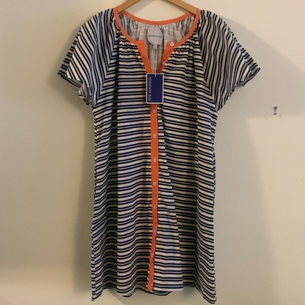 NWT Addison Bay Rosecliff Short Sleeve Dress Double Navy Stripe Small Women’s